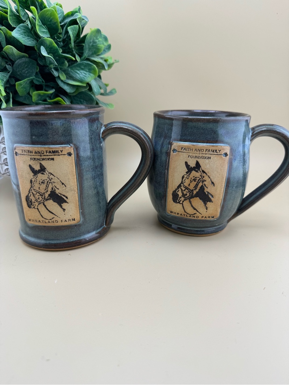Yousung Choi Fine Art Pottery Mugs Set of 2 Wheatland Farm Horse Stoneware